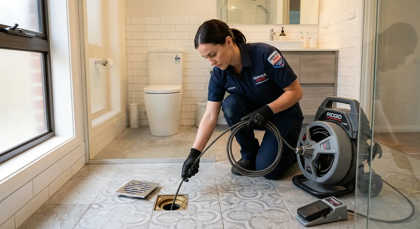Technician clearing a bathroom floor drain for Sewer Line Installation in Upper Freehold